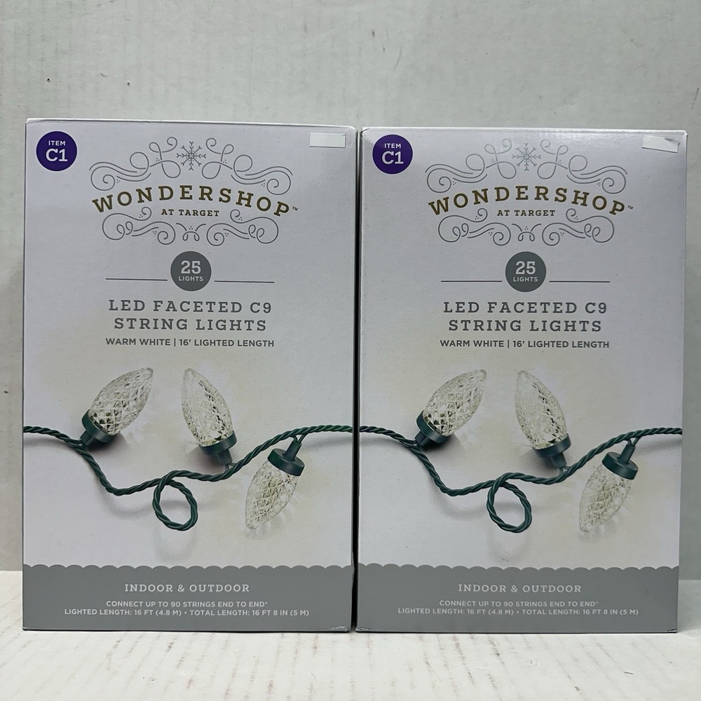 1 Lot of 2 Boxes Wondershop Item C1 25 Lights Per Box Warm White Faceted LED C9